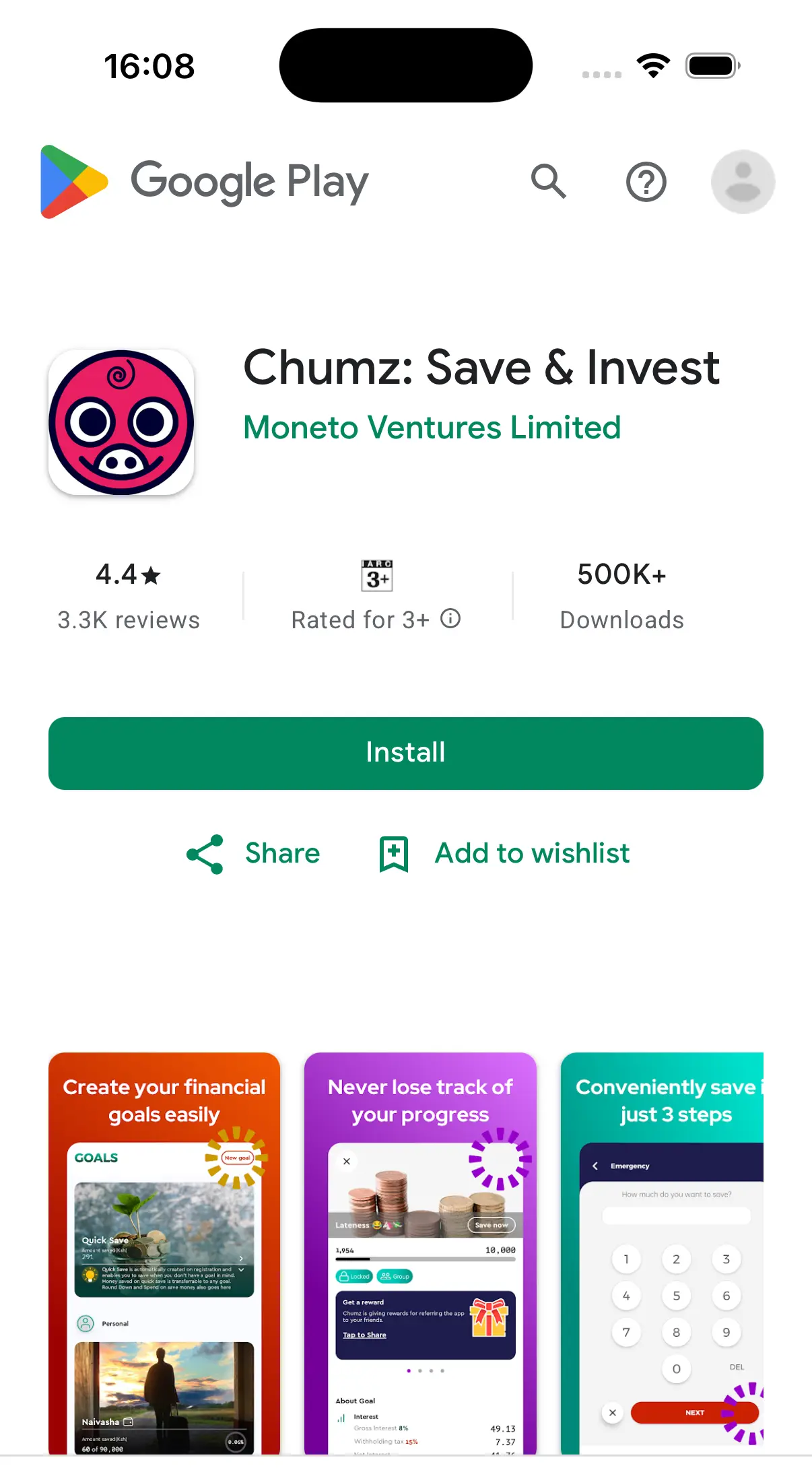 Chumz: Save & Invest listing on Google Play showing a 4.4 star rating and over 500,000 downloads